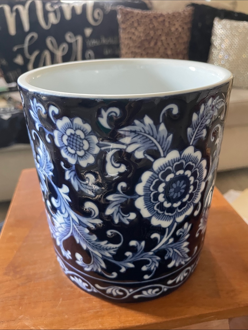 Vintage Pier 1 Blue and White Ceramic Vase/Basin with Embossed Floral Detail